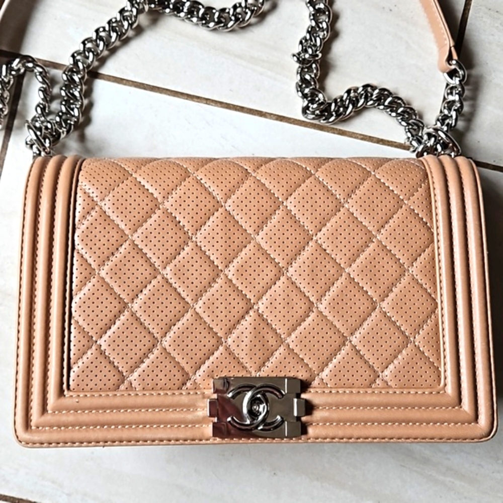 CHANEL Boy Bag Perforated Lambskin Quilted Leather Silver Tan w/Card